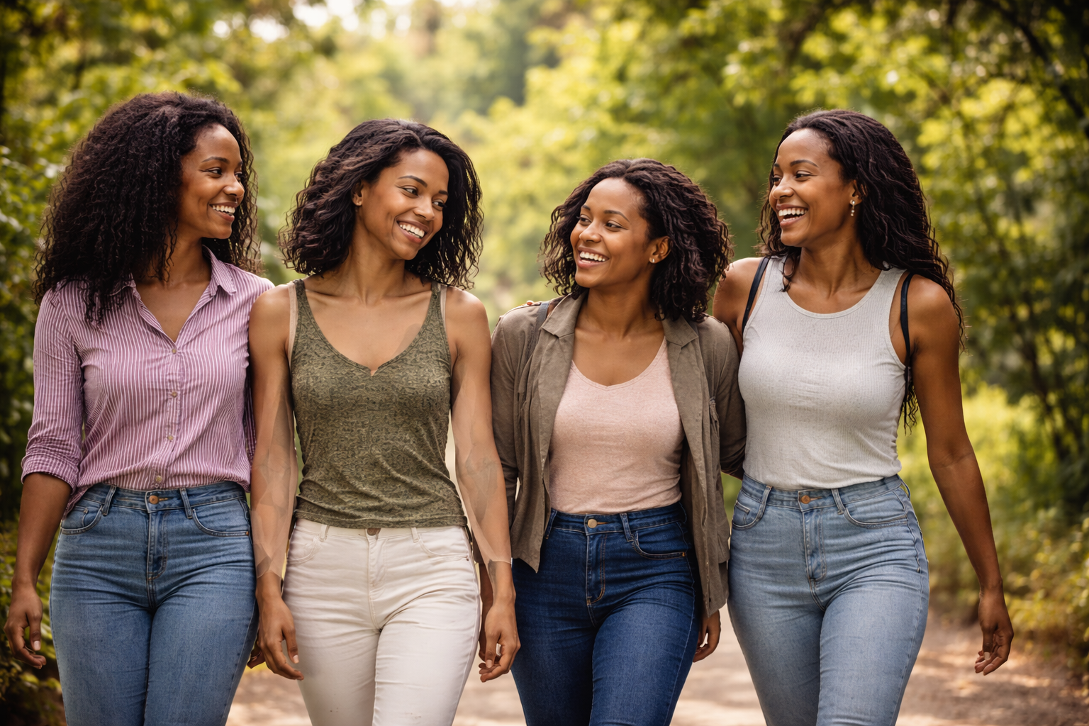 Soft editorial photo: Black women walking together outdoors in warm natural light